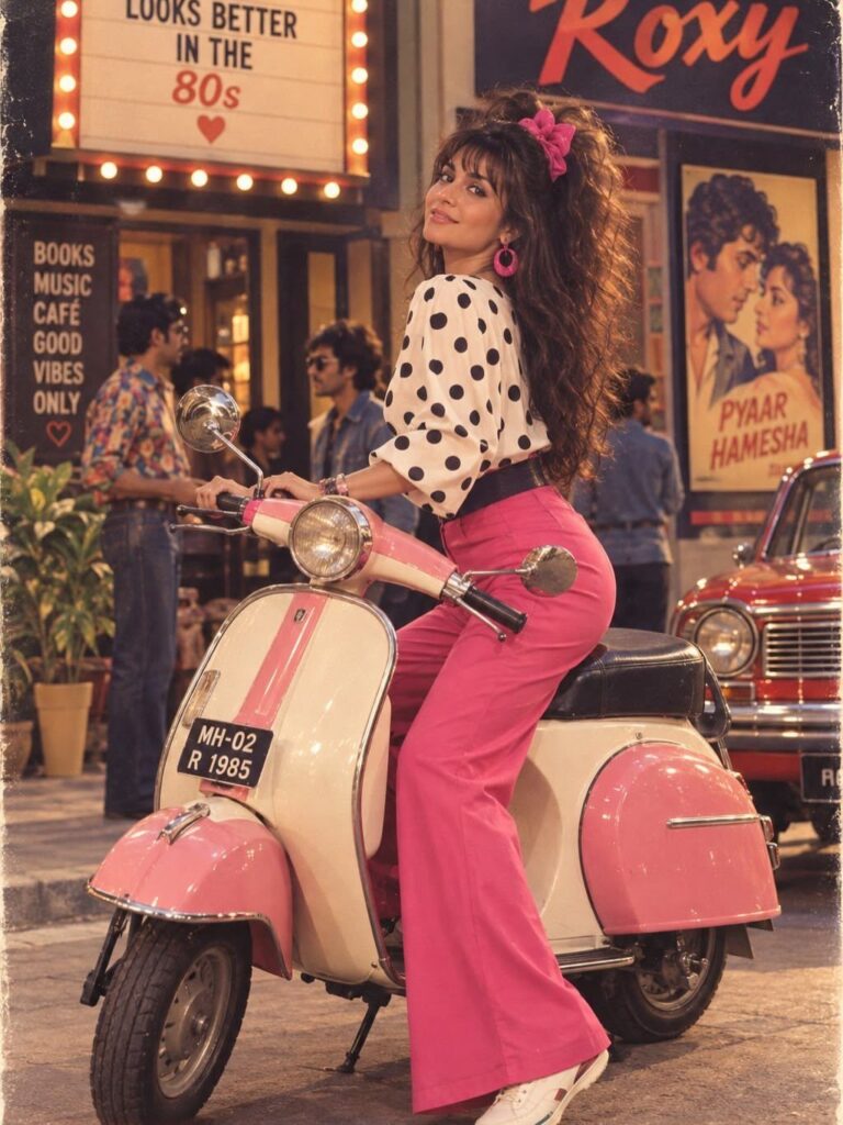 Woman in polka-dot top and pink flared pants sitting on a vintage scooter.