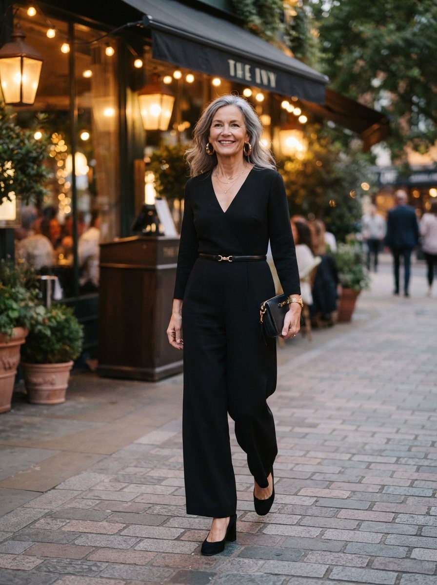 Mature woman with grey hair wearing a black long-sleeved jumpsuit on a city street.