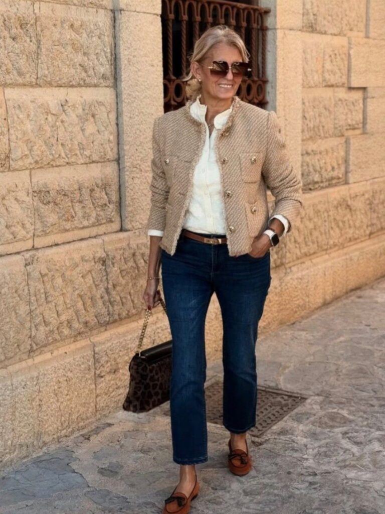 Woman wearing dark blue denim jeans, a beige jacket, and leopard print handbag.