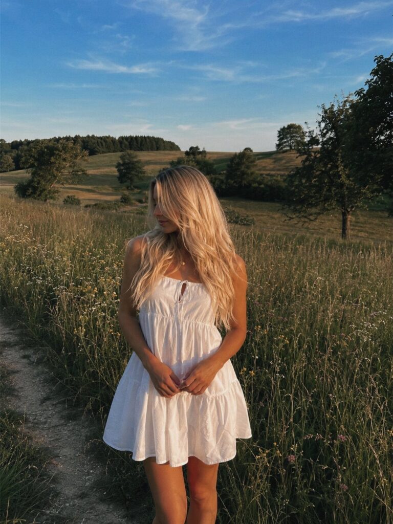 Woman in a short white summer dress standing in a grassy field.
