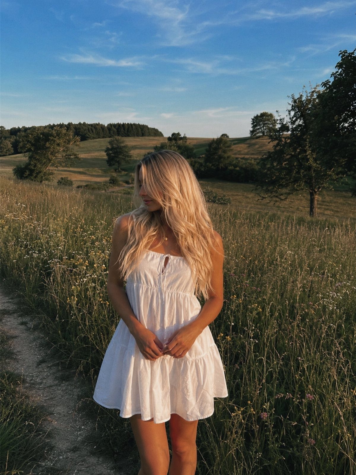 Woman in a short white summer dress standing in a grassy field.