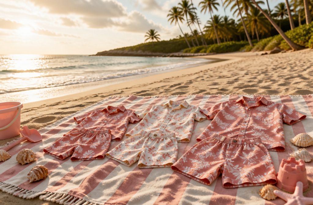 A sunlit beach scene with gentle waves and palm trees in the background.