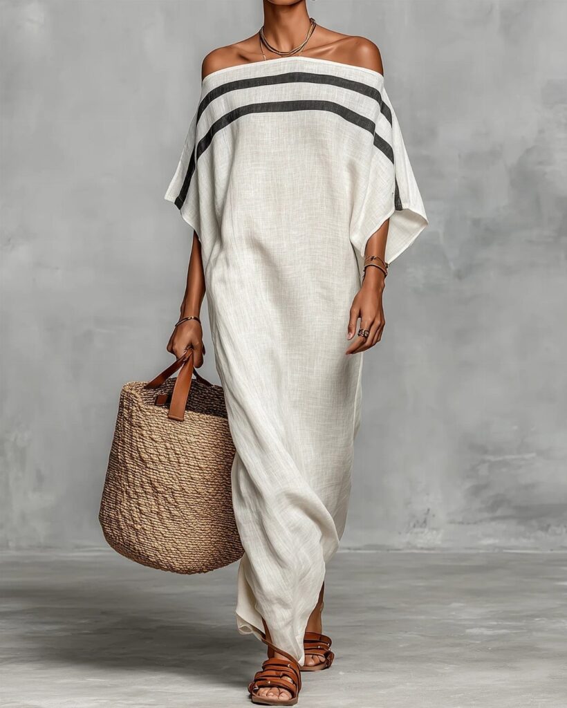 Person in a white off-the-shoulder maxi dress with black stripes and a straw bag.