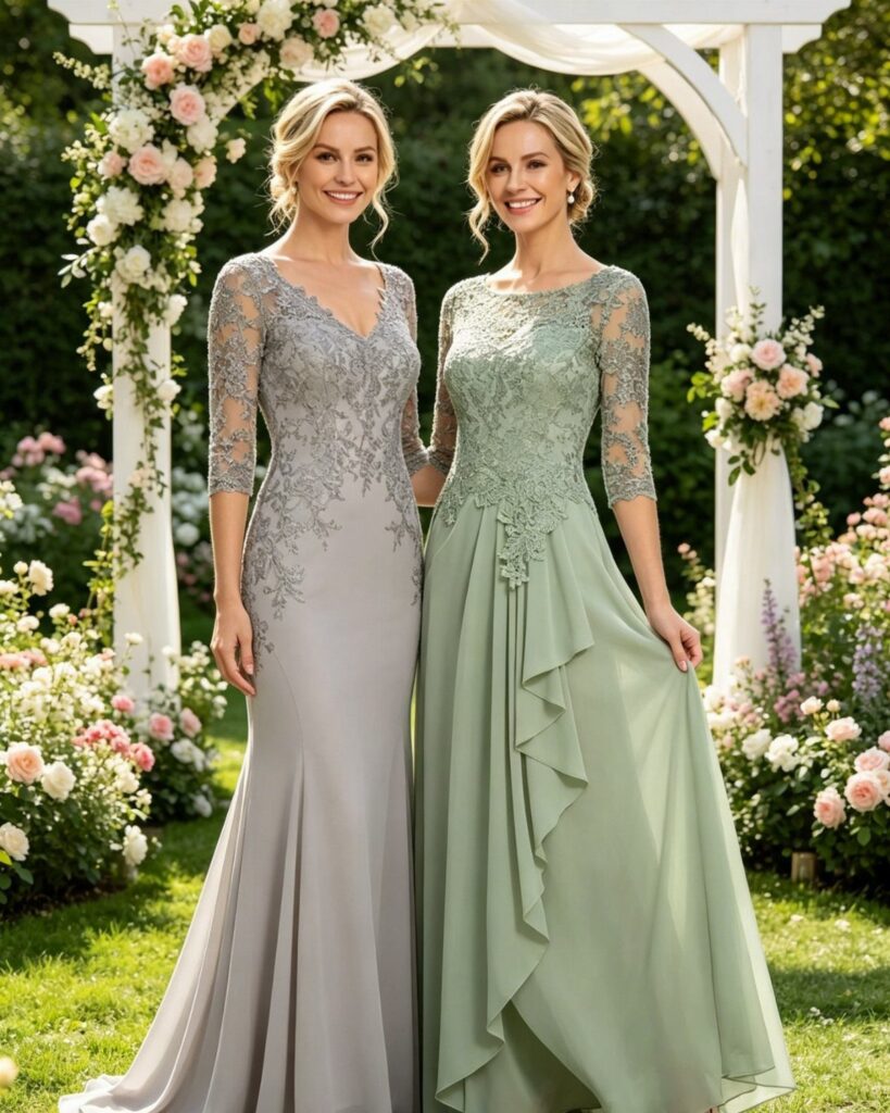 Two women wearing elegant grey and sage green lace gowns under a floral arch.